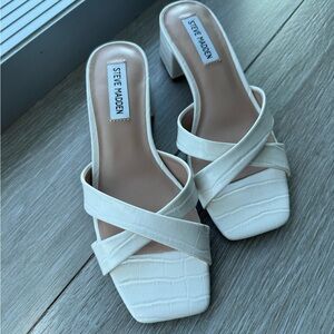 Steve Madden White Heels with Crisscross Straps and Square Toe
